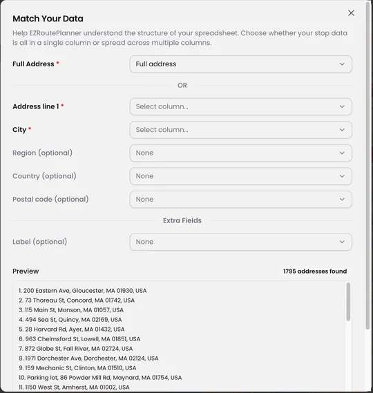 EZRoutePlanner importing by spreadsheet