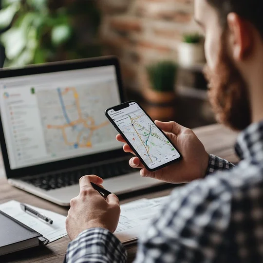 Plumber using map software to plan service routes