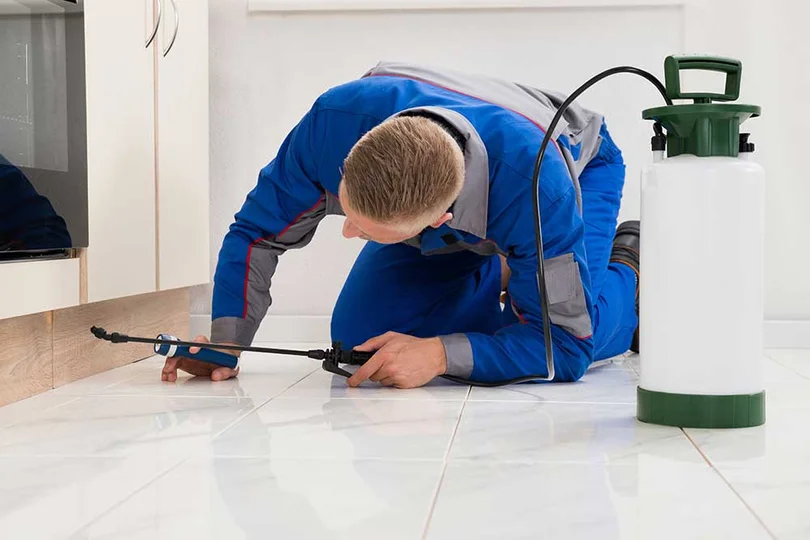 Pest control exterminator treating a property